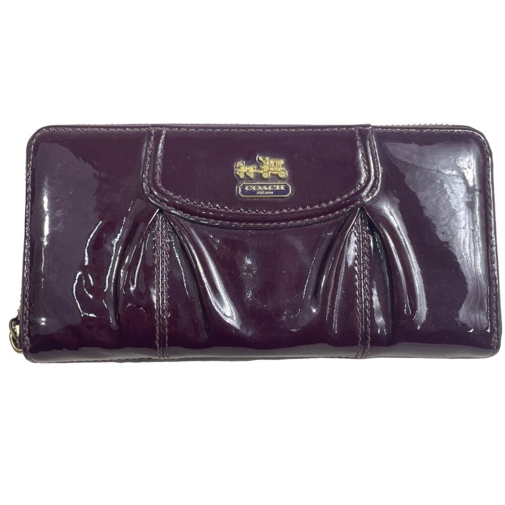 Vintage Coach Women Glossy Plum Burgundy Logo Art Leather Wallet Sz S